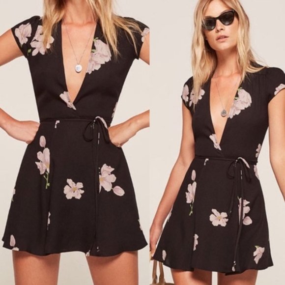 Reformation Dresses & Skirts - REFORMATION RAQUEL WRAP DRESS BLACK FLORAL SIZE S